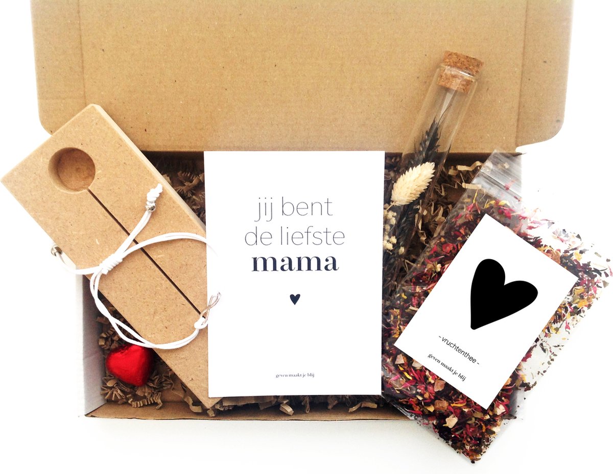 Cadeaupakket jij bent de liefste mama | brievenbus | memory shelf met droogbloemen | infinity armbandje | thee